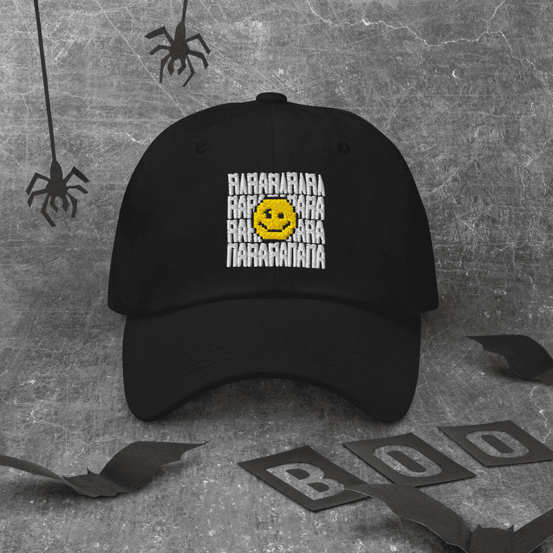 Hustler Dior 'Happy Chaos' Embroidered Smiley Face Hat - Black Streetwear Cap with Pixelated Grin Aesthetic in Black